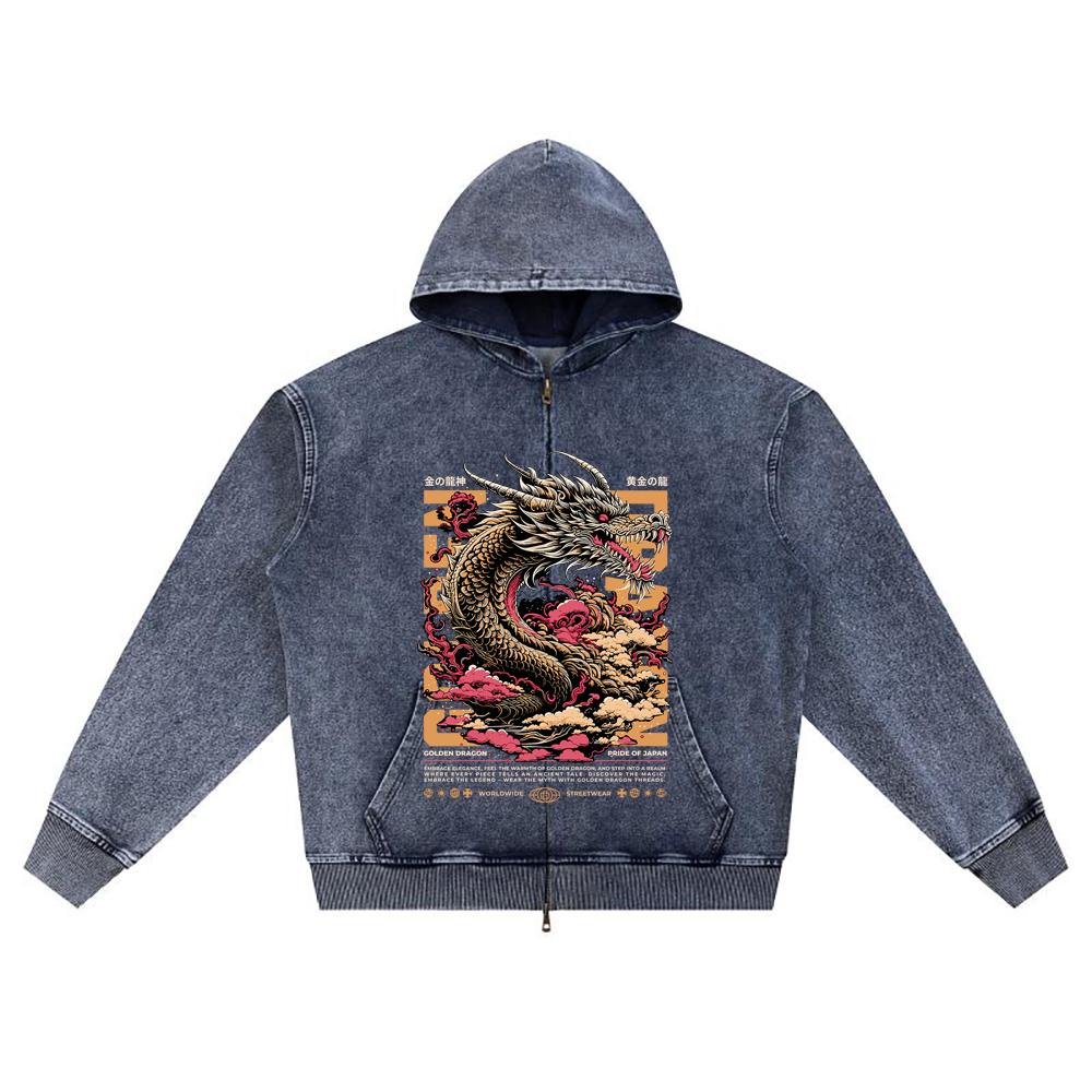 DTG print Knitted Denim Zip-Up Hoodie Golden Dragon Brother Print Zipper Hoodies