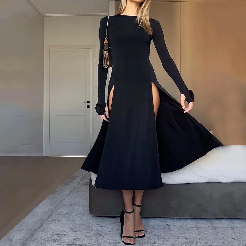 

2023 Осень Сексуальное Длинное Прозрачное Платье с Высоким Разрезом и Круглым Вырезом XL чёрный