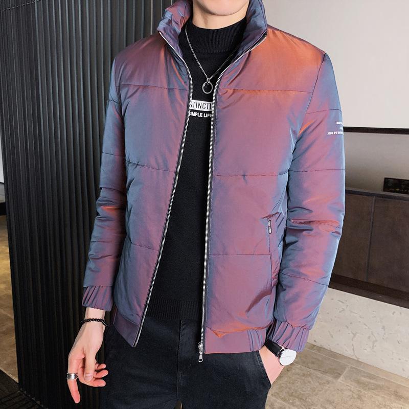 Men's Autumn and Winter New Cotton Clothes Reflective Discoloration Handsome Stand-up Collar Slim-fitting Trendy Cotton-padded Jacket Casual Jacket
