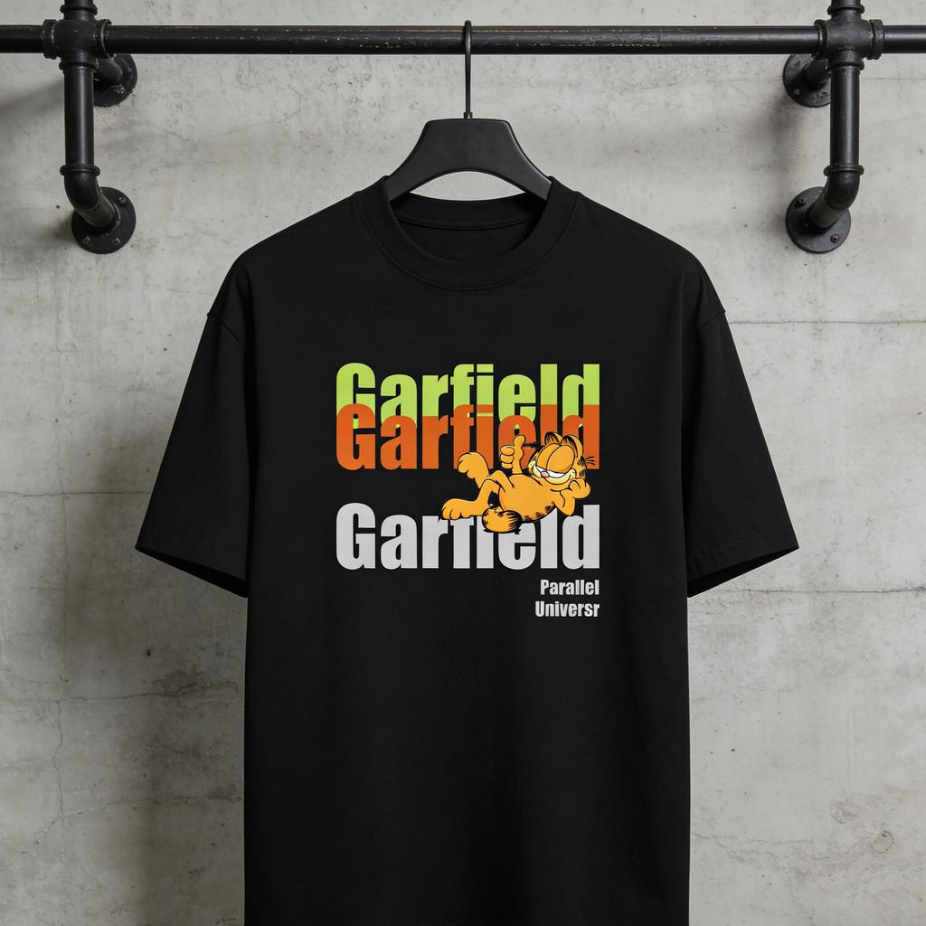 Garfield "Parallel Universe" Layered Color Letter Print Short Sleeve T-Shirt, American Streetwear Heavyweight Cotton Loose Fit Oversized Couple Top