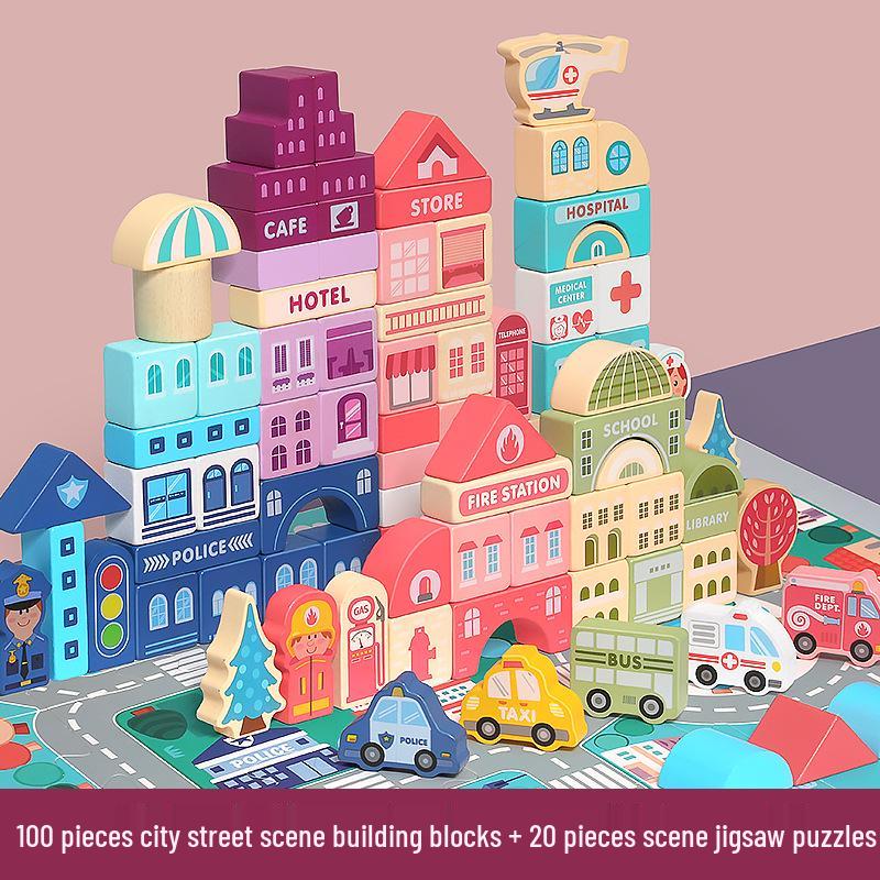 

Набор из 100 деревянных строительных блоков для улицы города для детей в возрасте 1-3 лет 22.5 x 22.5 cm