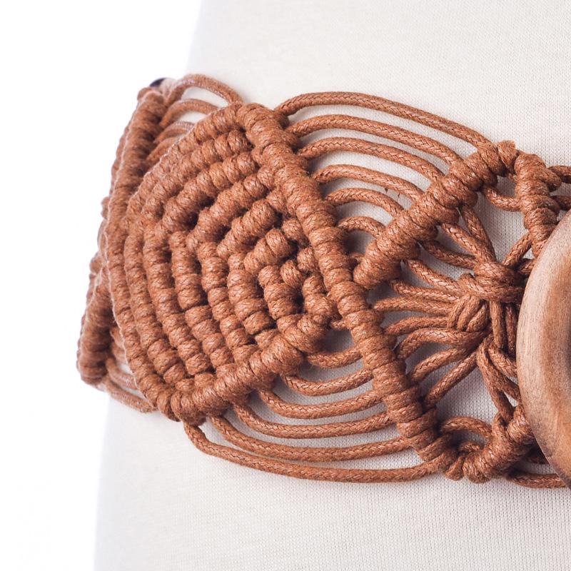 Ethnic Handmade Wax Rope Belt with Wood Buckle and Beads