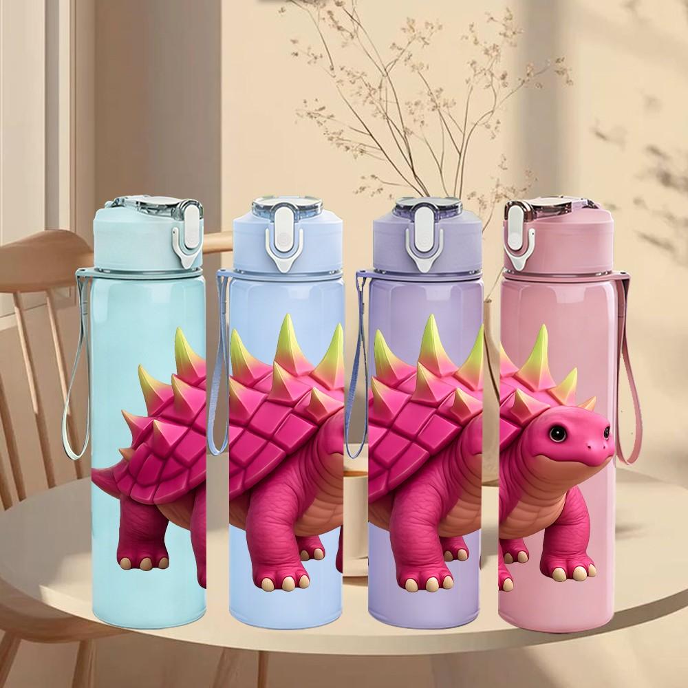 1PC Pink Dinosaur Cartoon 750ml Color Plastic Sports Water Bottle Leakproof Flip Straw Lid Suitable for Sports Office Home Use
