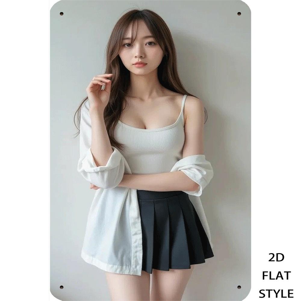 

Hisun Tin Sign HD Metal Tin Sign Beautiful Asian Model in White Cami Pleated Skirt Studio Portrait Wall Art Decor 20x30cm