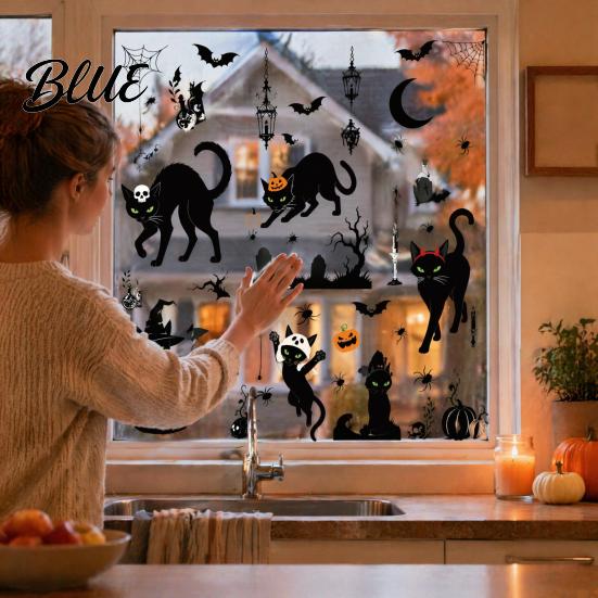 No Residue Holiday Decorations 6 Sheets/Set Black Cat Window Stickers Adhesive Free Static Clings Halloween Clings Bat Pumpkin Spider Web Decals for