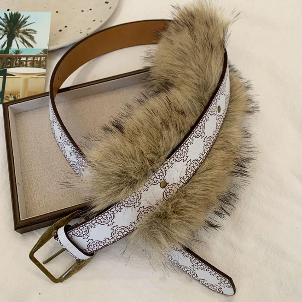 Trendy Design Faux Fur Belts Punk Embossed Antique Bronze Belt  Women Fashion