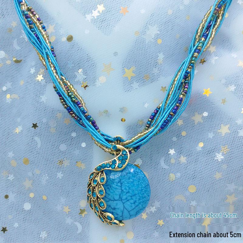 Bohemian Ethnic Style Vintage Glass Water Drop Leaf Pendant Necklace