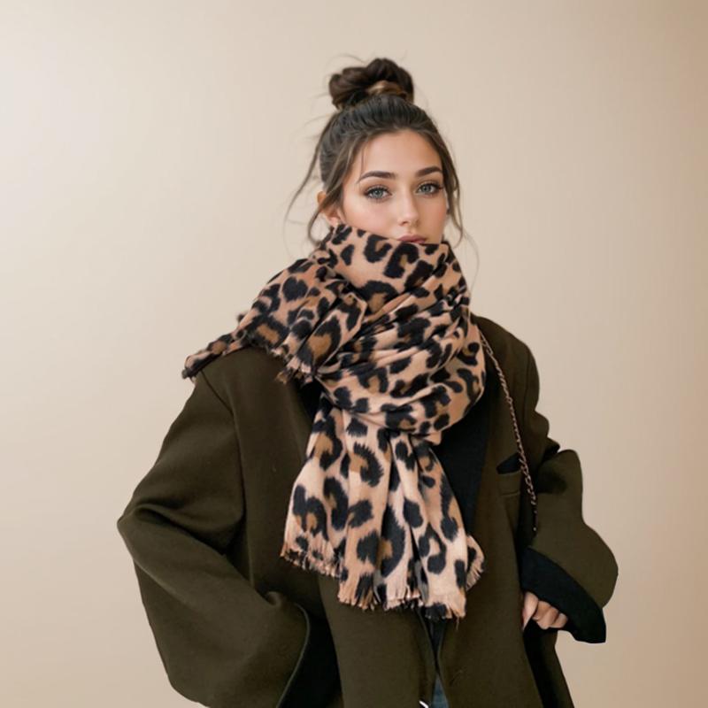 Printed Leopard Cashmere Scarf For Women Winter Shawl Windproof Protection Outdoor Keep Warm Scarves Wrap  210*80Cm