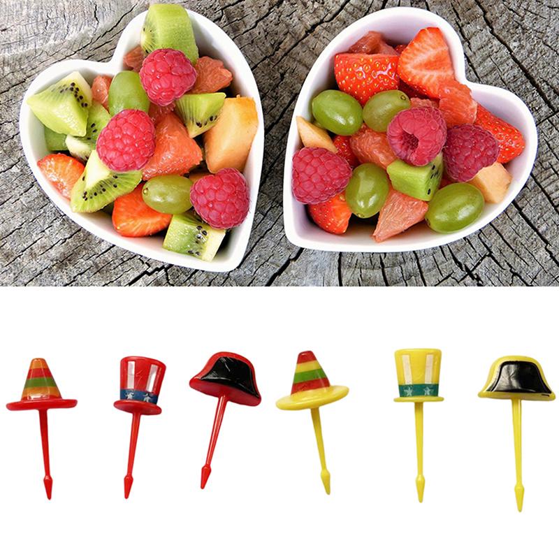 1Set Cute Cartoon Hat Children Fruit Fork Plastic Bento Lunch Dessert Toothpick