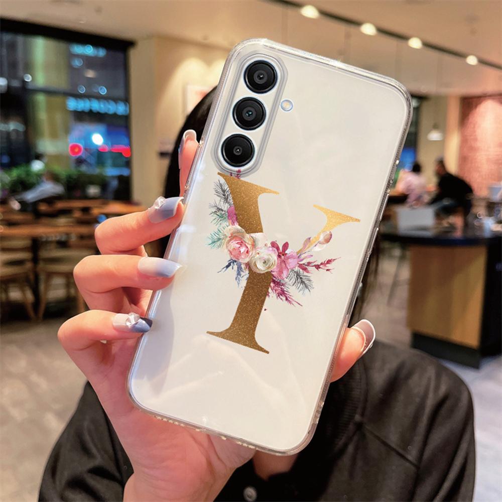 Transparent Phone Case Flowers Golden Rose Letters For Samsung Galaxy A55 A15 A25 A35 A07 A17 A06 A37 A57 Silicone Clear Cover