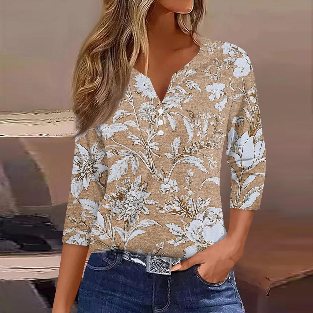 Women's T Shirt Tee Print Button  3/4 SleeveDaily Weekend Fashion Basic V- Neck Regular Top