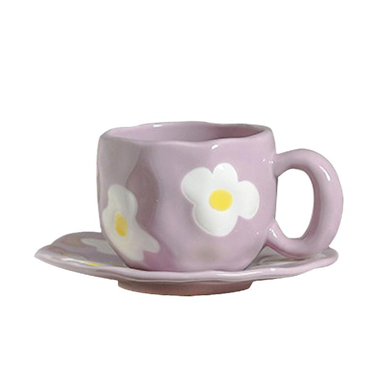 340 ML Håndmalt Blomst Kjærlighetshjerte Keramisk Kaffekopp med fat Hjemmekontor Vannkopp Frokost Melk Juice Tekopp Gavesett
