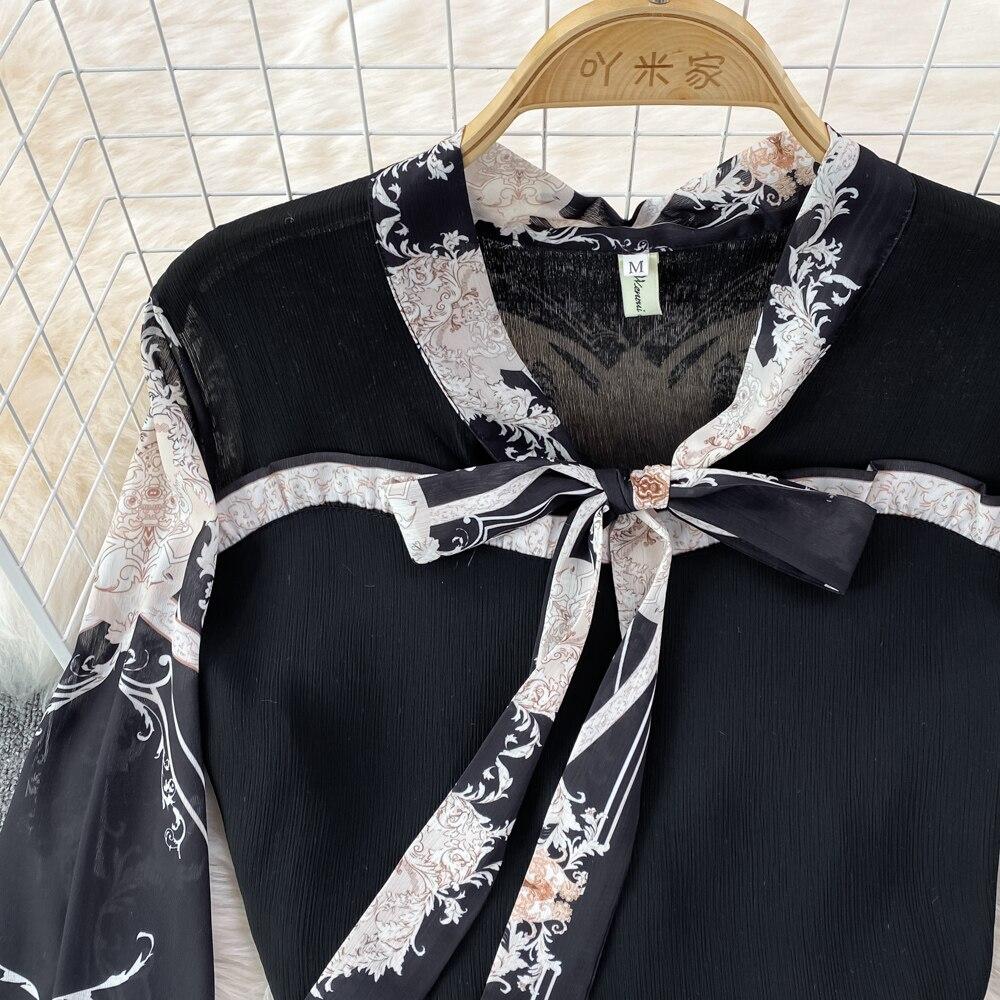 Fashion Suit Female Celebrity Temperament Ol Professional Bow Chiffon Shirt Two-Piece Set High Waist Hip Skirt Spring