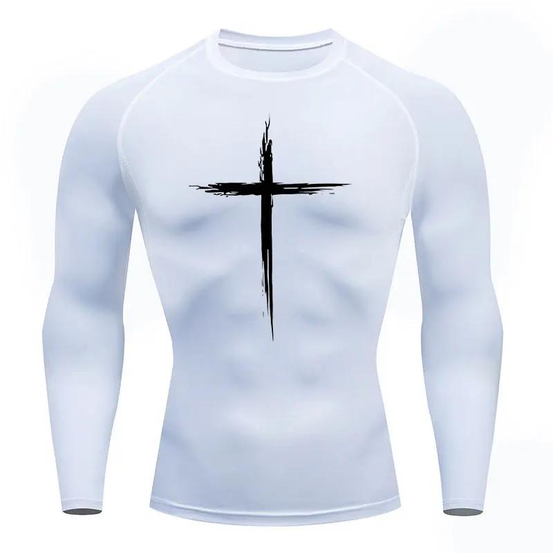 Abbigliamento sportivo da uomo ad asciugatura rapida con stampa a croce 2024, maglia a compressione da running, maglia muscolare atletica, sottogiacca da palestra, top sportivi S-3XL