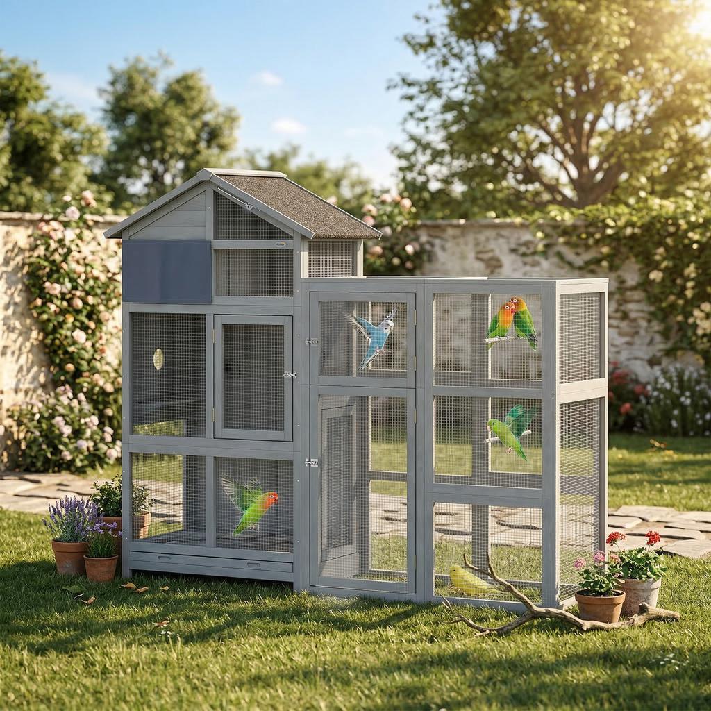 Aviary Bird Aviary made of Wood with 6 Perches Storage Compartment Pull-Out Drawer Stainless Steel Bowls 196x60x164.5cm Grey