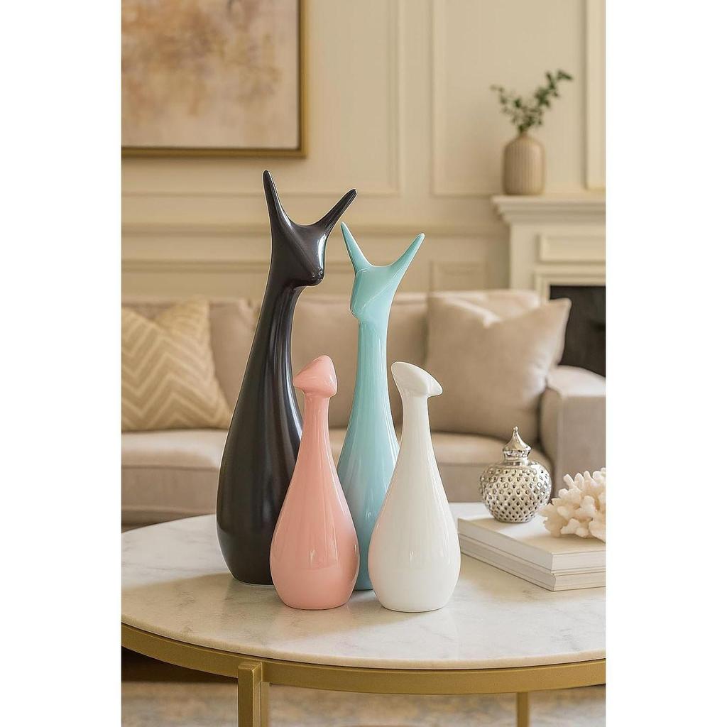 Home Decor Lucky Deer Family Matte Finish Ceramic Figures- (Set of 4, Sky, Brown, Pink, Off-White)