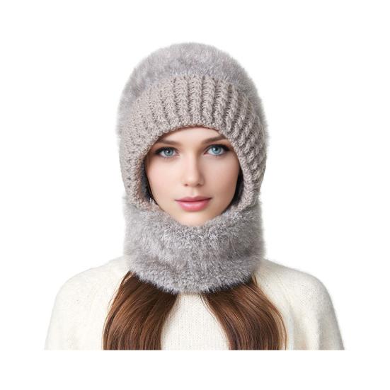 Yousheng Riding Headgear 3 in 1 Hat Scarf Face Guard Solid Color Plush Ball Decor Thickened Warm Windproof Winter Hat