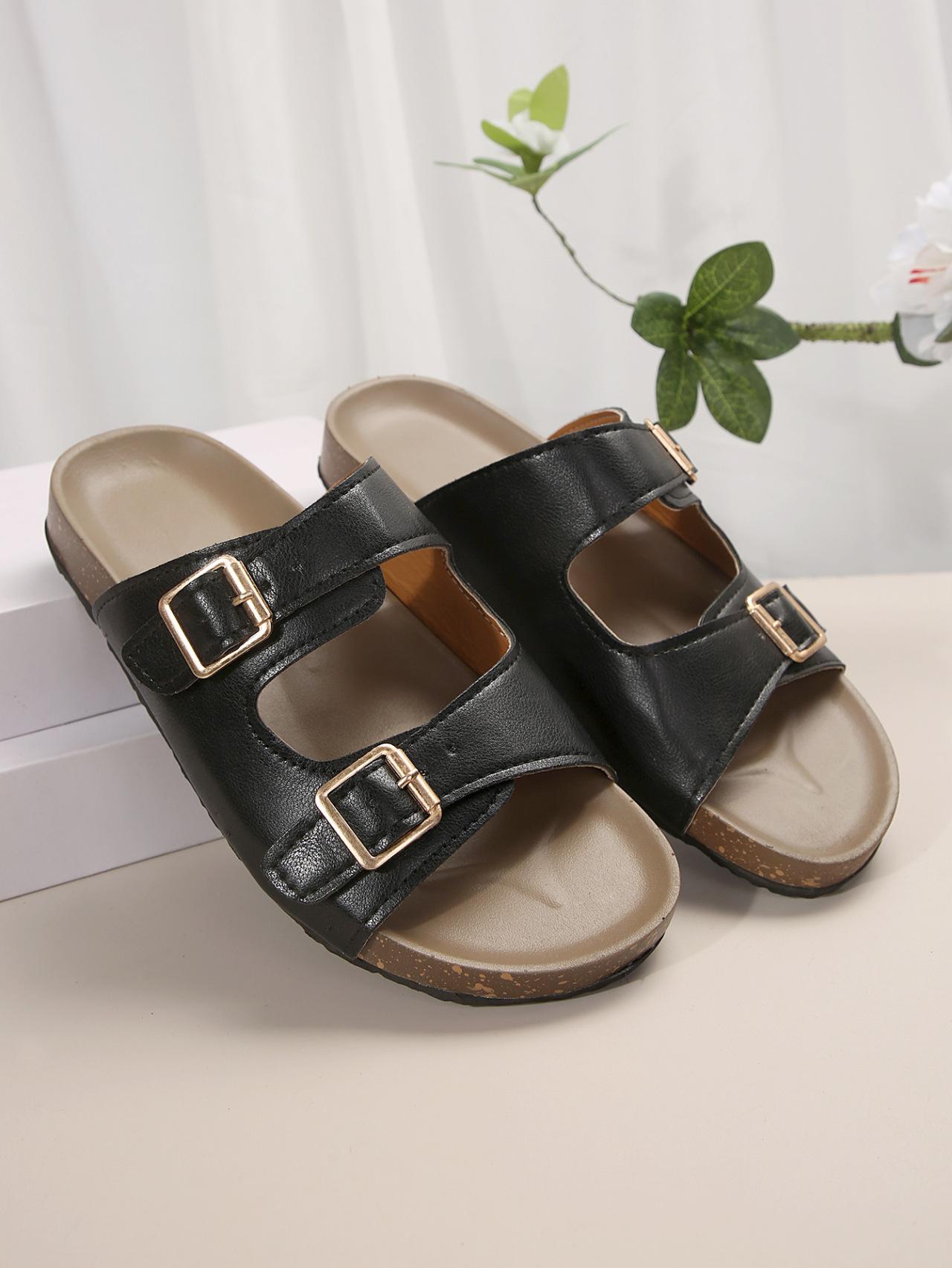 

Casual thick-bottomed cool slippers women s summer new double belt buckle outer wear one-word large-size beach slippers women 43