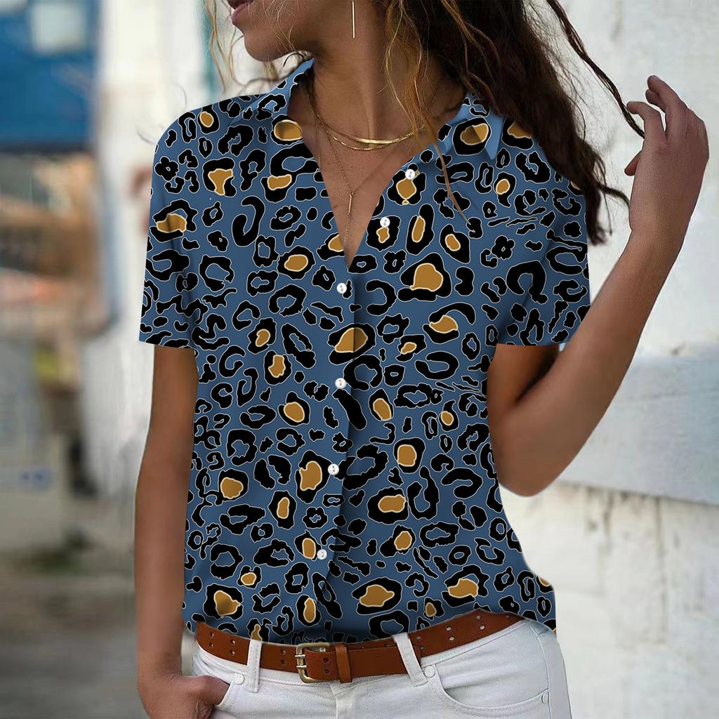 2025 Sommer Neue Mode Damen Leopardenmuster Bedruckt Kurzarm V-Ausschnitt Lässig Knopfleiste Hemd Top