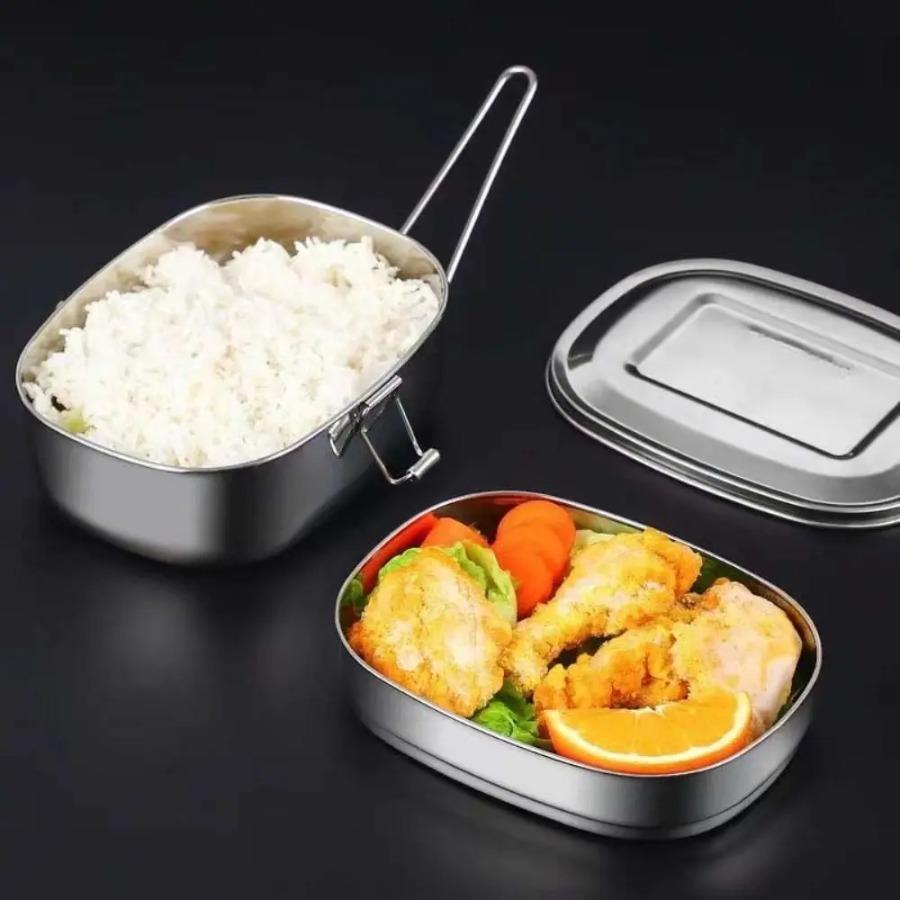 Rectangular Stainless Steel Lunch Box Foldable Handle 1/2 Layer Food Container Leakproof Unbreakable Food Storage Box School