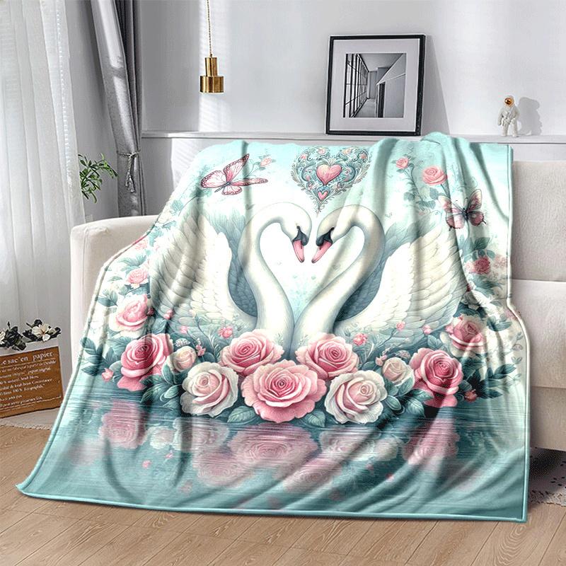1pc Swan Printing Lightweight Flannel Blanket, Comfortable and Warm Blanket, for Camping Sofa Bed and Couch Office, Suitable for Gift Blanket