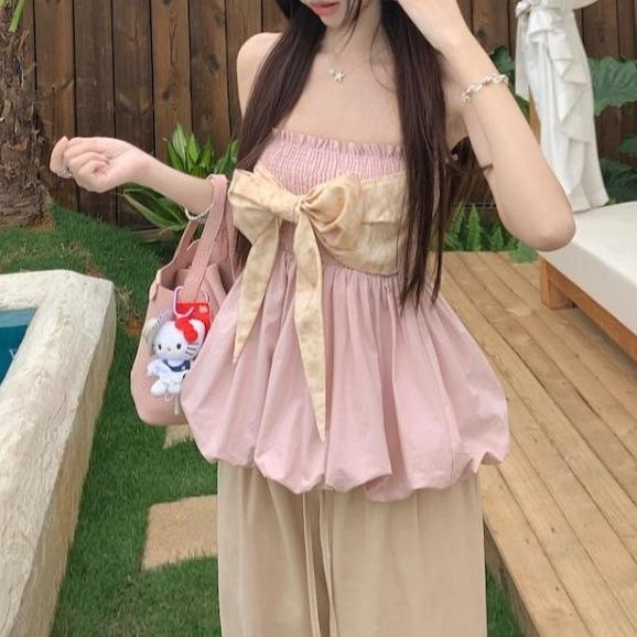 French pink bow tube top for women's summer first love, sweet vacation style sleeveless bud short top