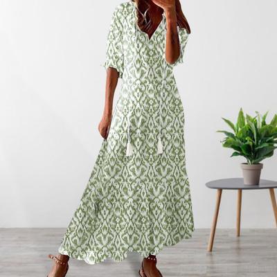 Women Summer Dress A-line Big Hem Bohemian Style Half Sleeves Tassel V Neck Loose Printed Vacation Beach Maxi Dress