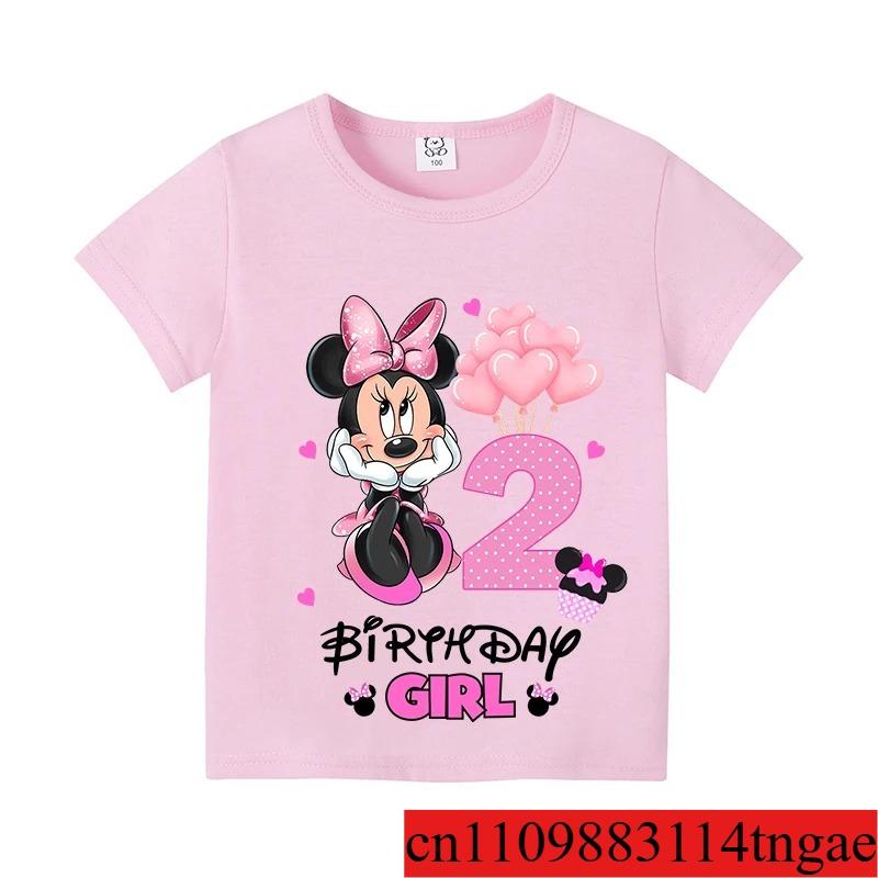 Disney Minnie Mouse Birthday Number T-Shirts Cartoon Girls Party Clothes Toddler Tops Summer Short Sleeves Cotton Tees Kids Gift