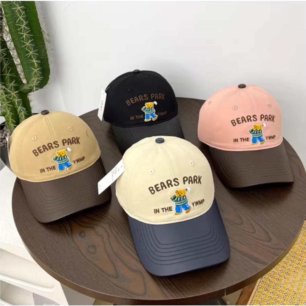 Korean Fashion Cotton Baseball Cap for Men Women, Embroidery Letter Bear Classic Color Block, Perfect for Outdoor Daily Wear