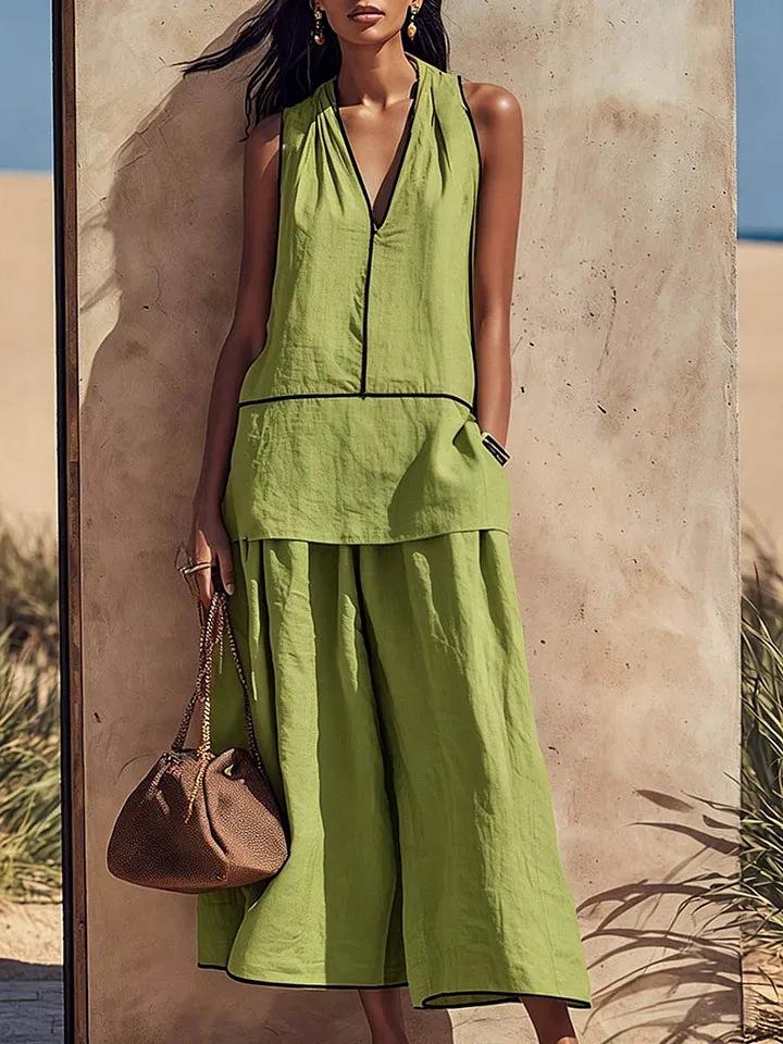 2026 European and American Cross-border Summer Neck V-neck Sleeveless Top Wide-leg Pants Vacation Wind Contrasting Color Edge Loose Suit
