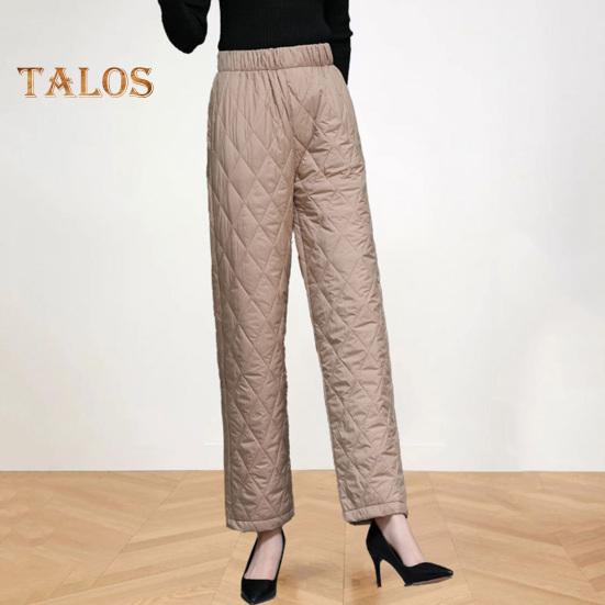 Autumn Winter Cotton Pants Rhombus Quilted Straight Wide Leg Long Pants with Pockets Solid Color Thickened Warm Trousers