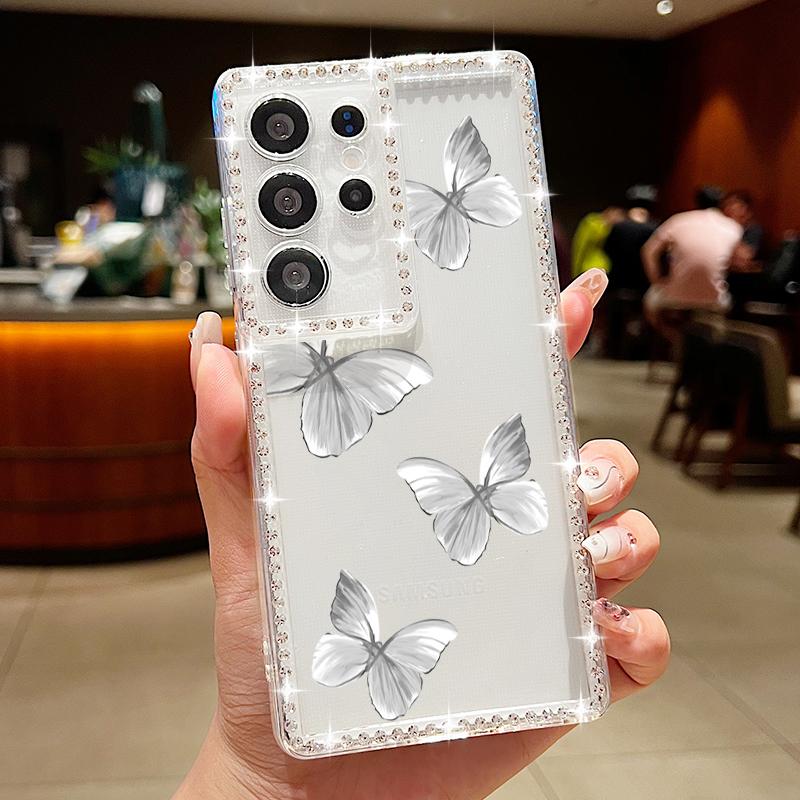 Butterfly Pattern Clear Phone Case For Samsung S25 Ultra S24 FE S23 S22 A56 A36 A16 A15 A55 A35 Diamond Frame Shockproof Soft Silicone Cover