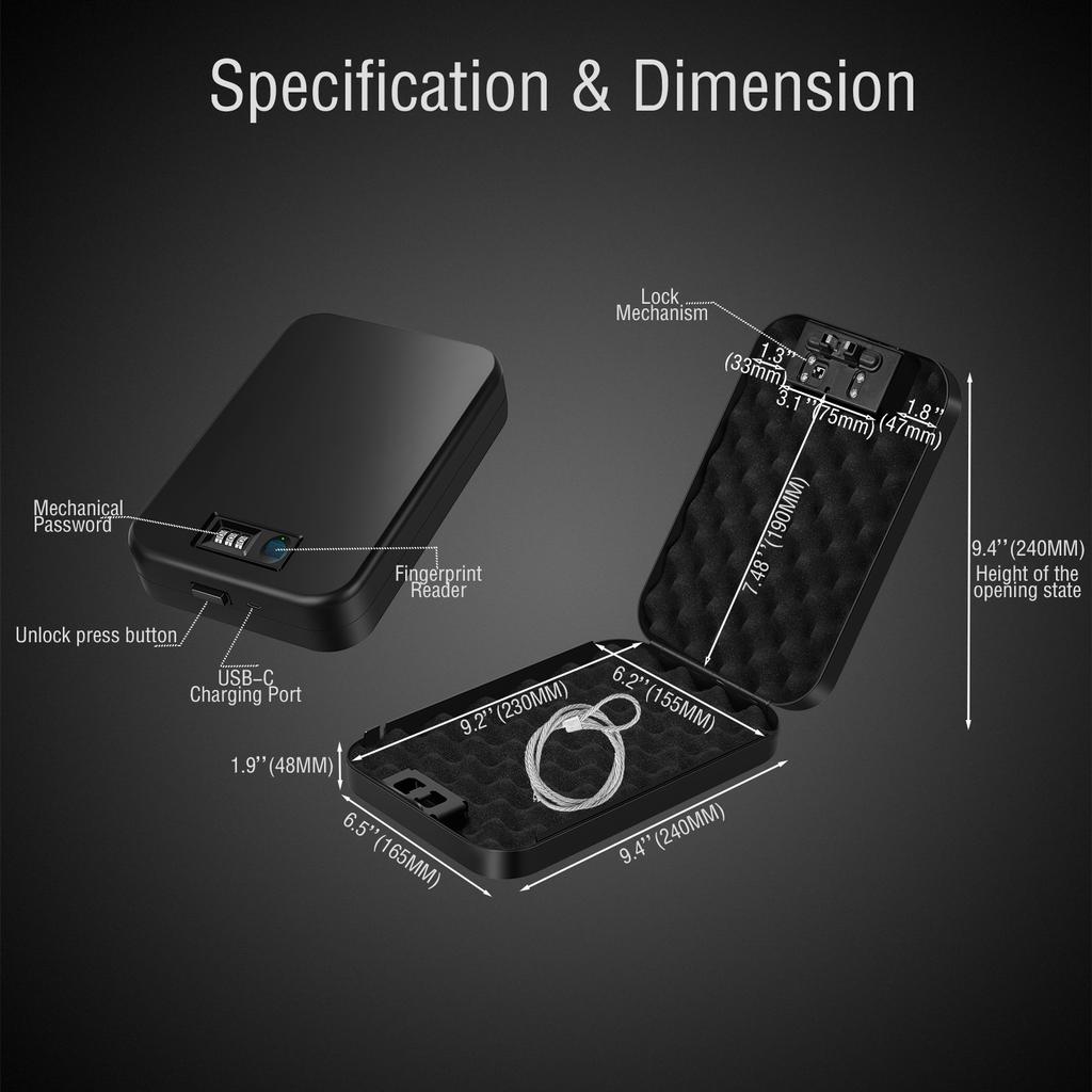 Tragbarer Fingerabdruck-Passwort-Safe Fingerabdruck-Pistolensafe Mini-Pistole-Waffensafe mit Stahlseil Auto-Mini-Diebstahlschutzsafe