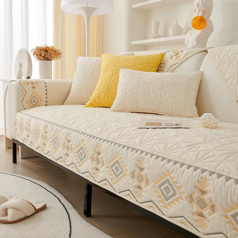 Sofabezug für Wohnzimmer Böhmische Geometrie Karomuster Baumwolle Universal Sofamatte Handtuch Rutschfester Sofabezug Couchkissen Überwürfe