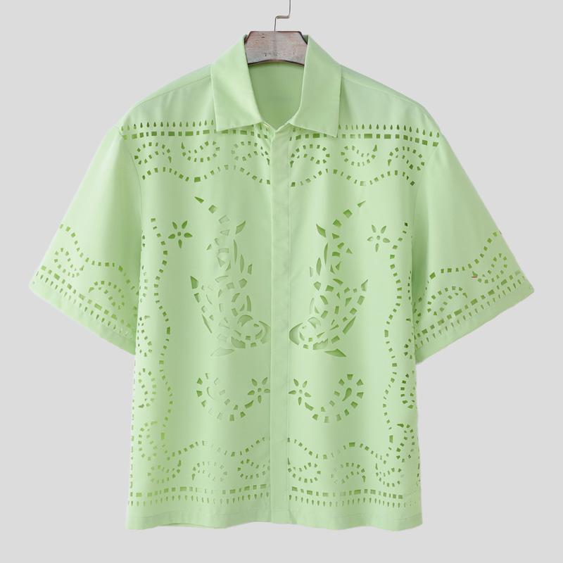 

INCERUN Men Lapel Short Sleeve Hollow Out Casual Oversized Shirts 2XL