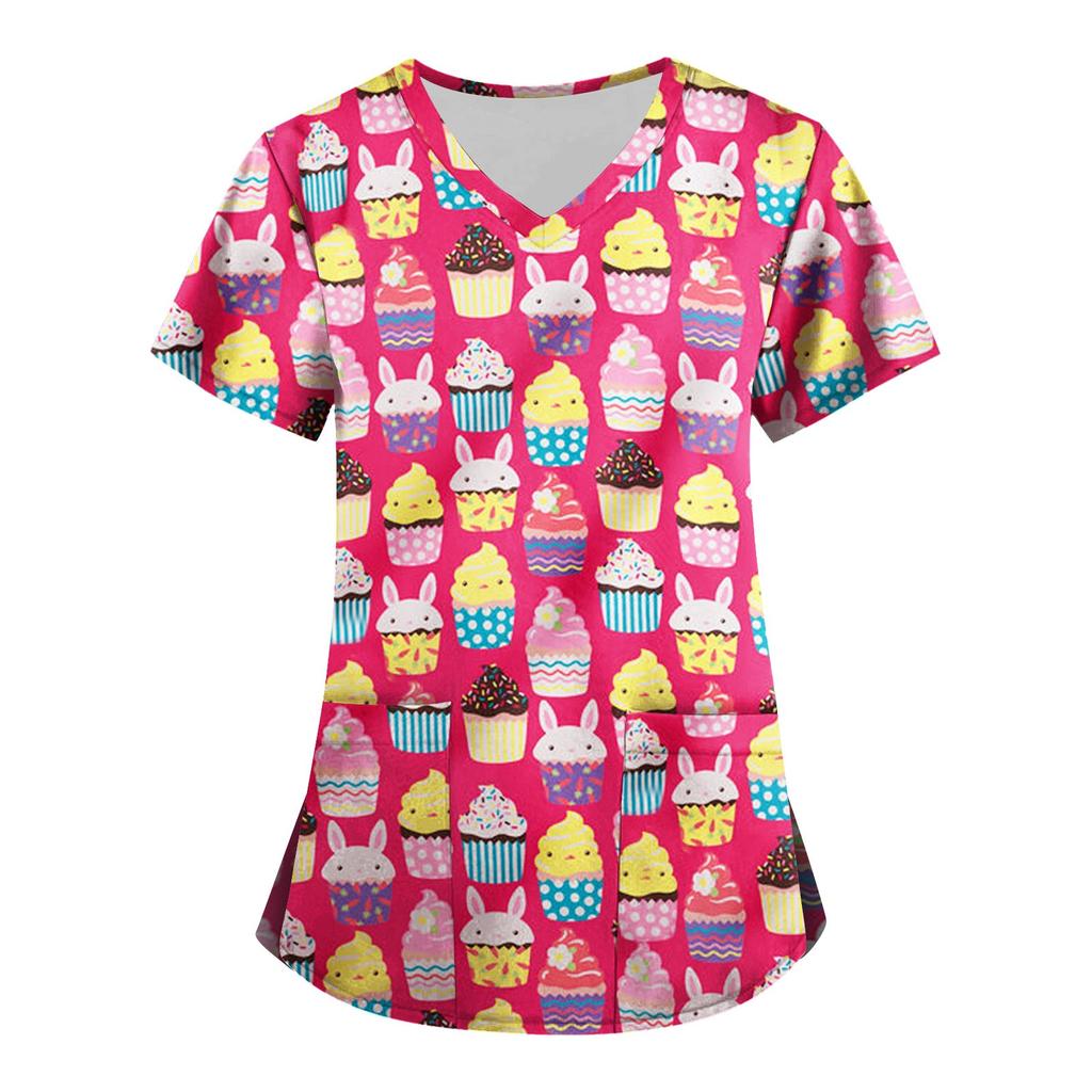 Women's Fashion V-neck Short Sleeve Workwear With Pockets Printed Tops
