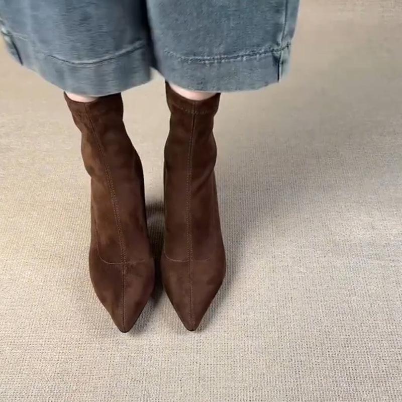 Simple and gentle pointed thin boots women's new fashion suede rear zipper high-heeled short boots