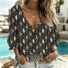 Women's Casual Halloween Print V-Neck Ruffle Trim Tie-Front Top with 3/4 Sleeves