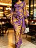 Damen Violett Gold Sternenmuster Blumendruck Maxikleid Kimonoärmel V-Ausschnitt Geraffte Wickel Taille Bodycon Elegantes Kleid