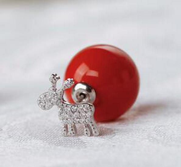 Christmas Reindeer Snowflake Red Pearl 925 Sterling Silver Stud Earrings
