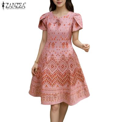 Damen Lässig Rundhals Sommer Kurzarm Print Kleid