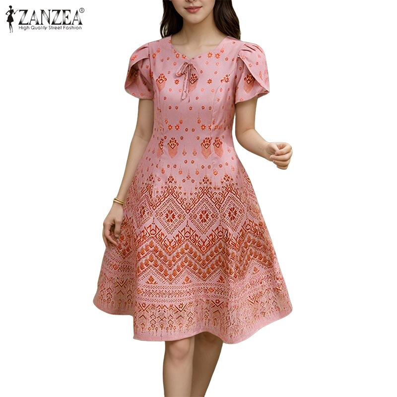 ZANZEA Vestido informal de verano con cuello redondo y manga corta estampado para mujer