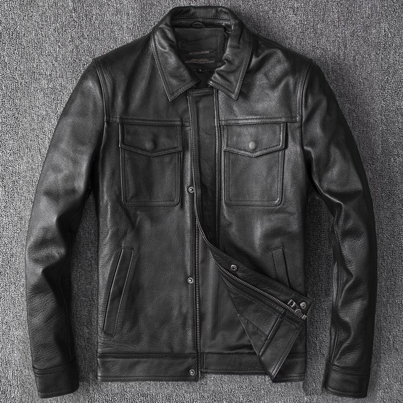 

Top Layer Cowhide Leather Genuine Leather Jacket Men s Lapel Slim Leather Jacket M чёрный