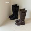 Leather Platform Boots Women's 2025 New Spring and Autumn Knee Knight Boots Brown High Boots Belt Buckle Boots