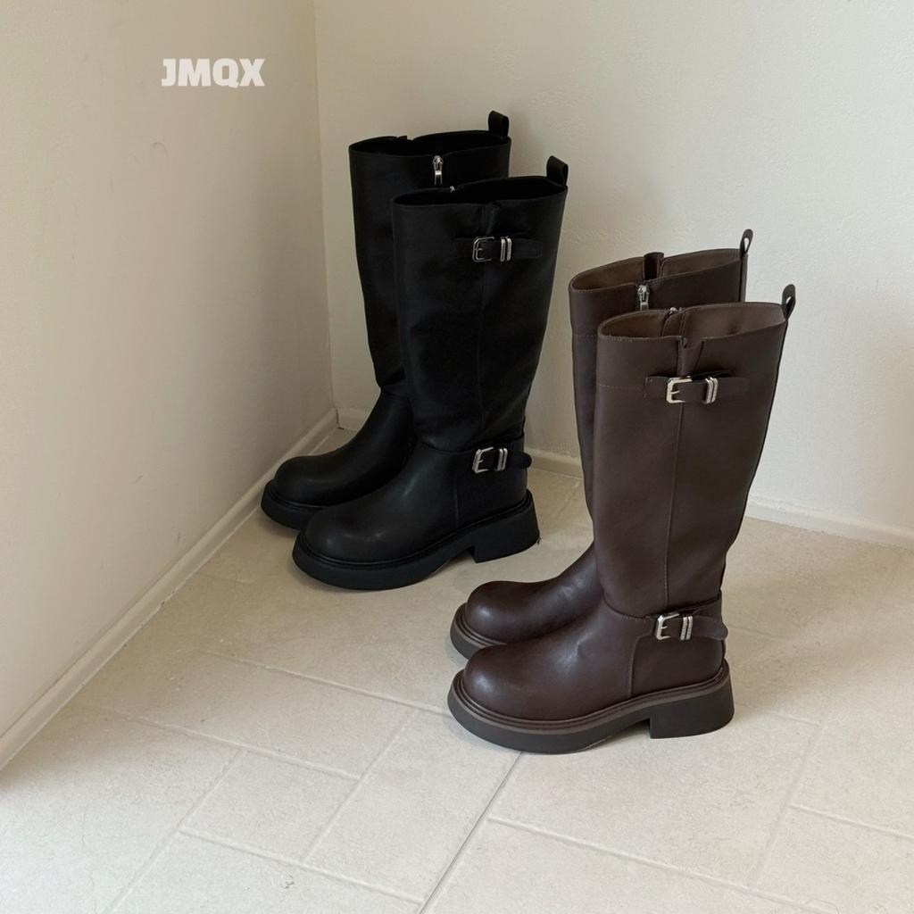 Leather Platform Boots Women's 2025 New Spring and Autumn Knee Knight Boots Brown High Boots Belt Buckle Boots