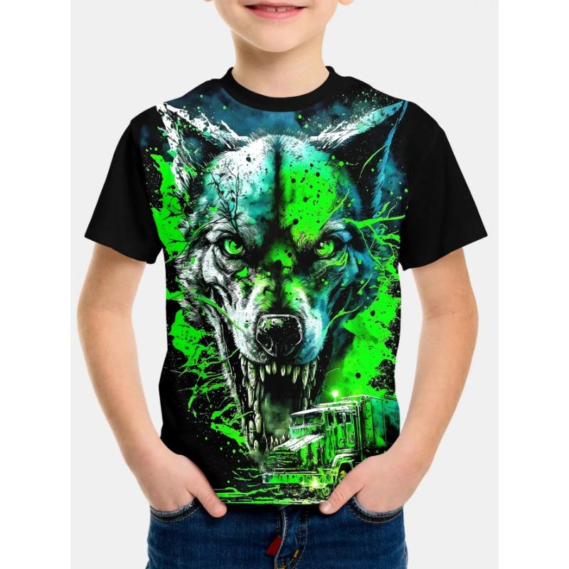 Animal Wolf Pattern 3d Printe Children's Tops Summer Boy's Round Neck Casual Short Sleeve Kids Clothes T Shirt