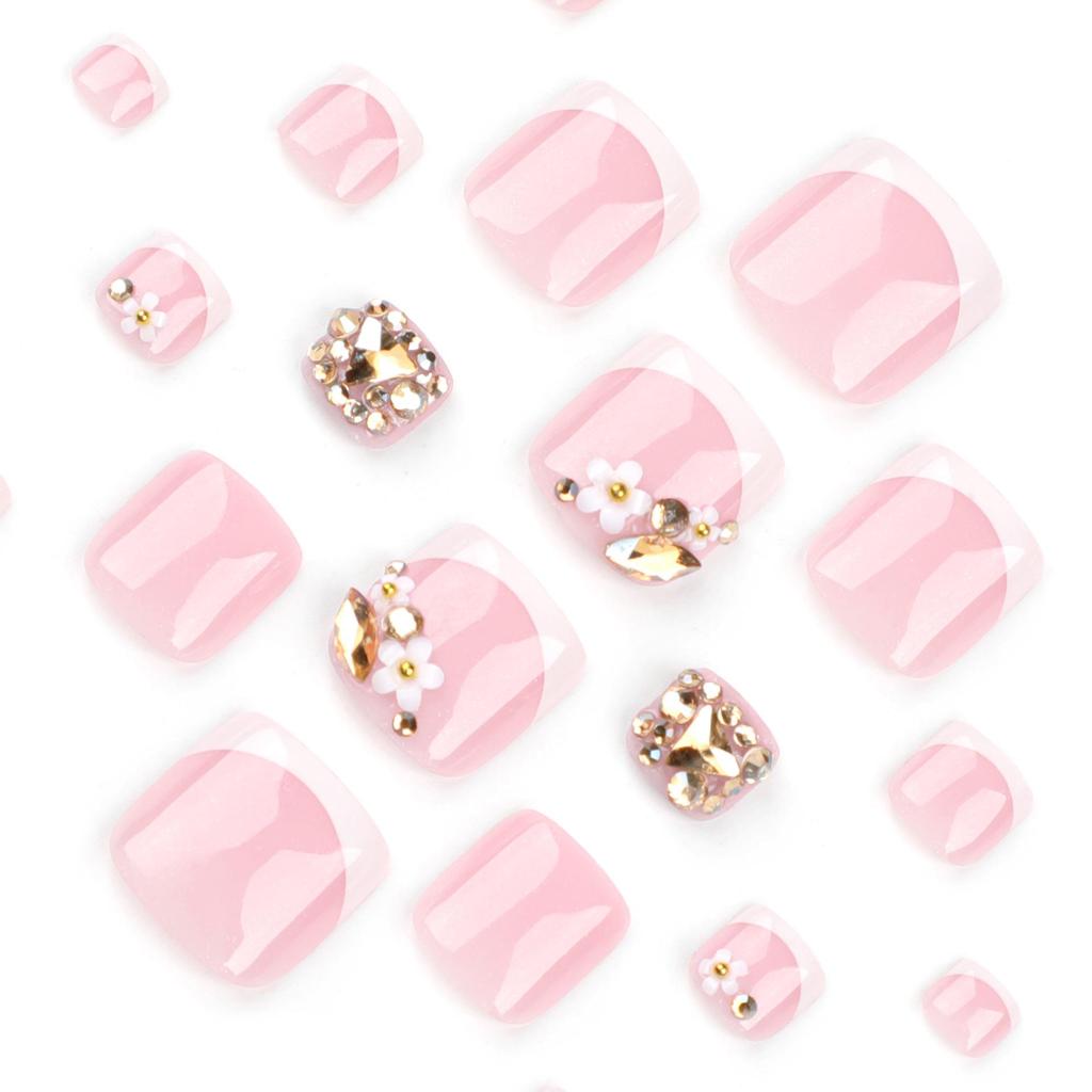 French White Edge Rhinestone Press-On Toenails with Flower Nail Art - Super Sparkly Nail Tips