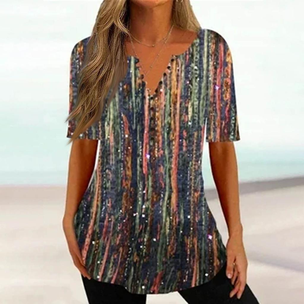 Damen Hemdbluse Knopf Vintage Farbverlaufsdruck Kurzarm Casual Basic Top Pullover