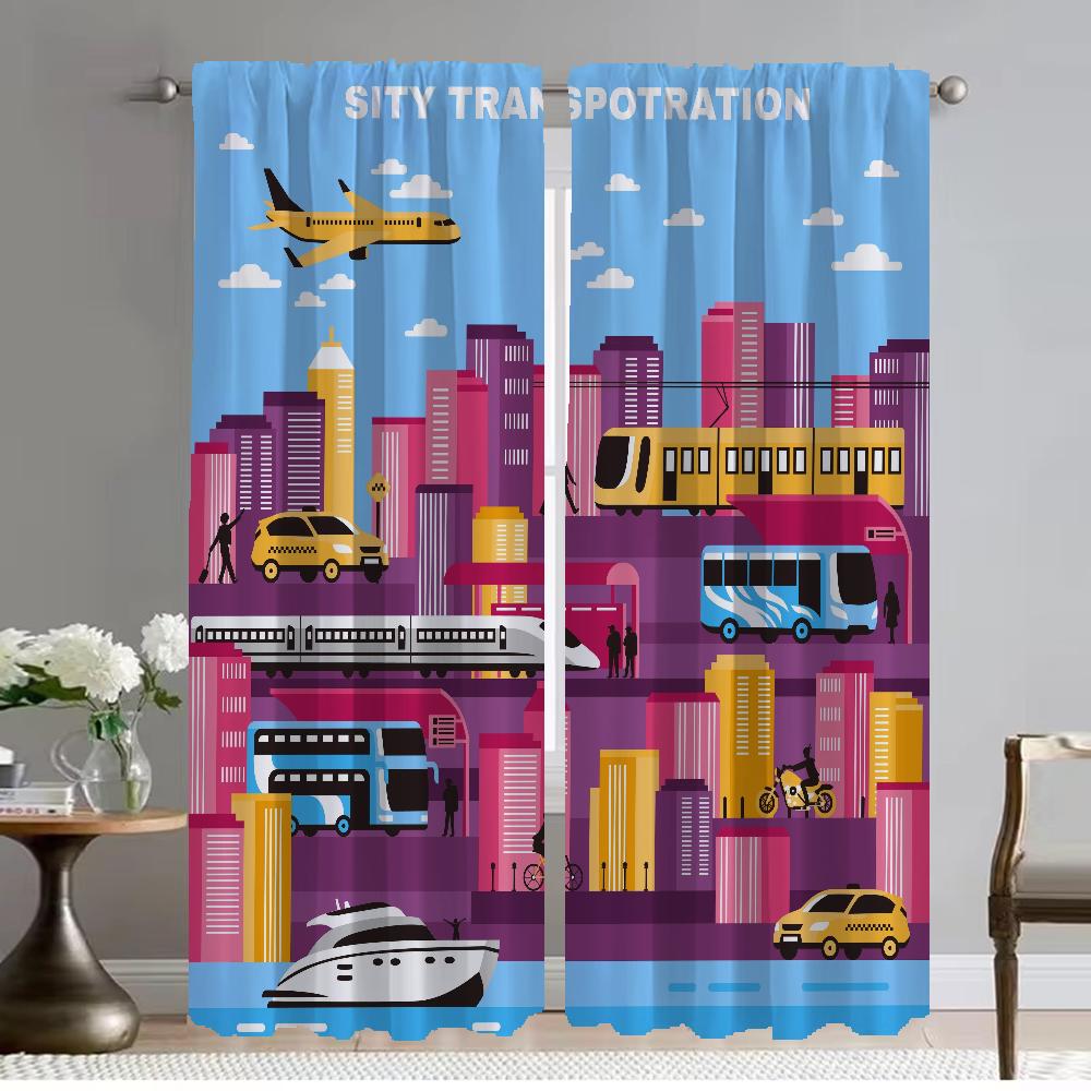 City Road Cartoon Window Curtain for Room 2 Panel Home Interior Curtains 2 Pieces Shades Tulle for Bedroom Partition Living
