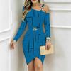 Women Plus Size One Cold Shoulder Long Sleeve Rainbow Zebra Print Irregular Wrap Bodycon Midi Dress